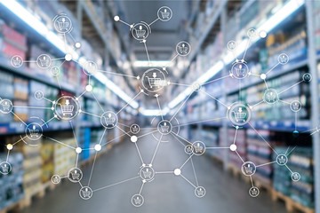 Shopping cart structure Retail marketing E-commerce blurred supermarket background.