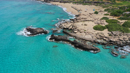 Aerial drone top view photo of famous paradise sandy deep turquoise beach of Falasarna in North West Crete island, Greece