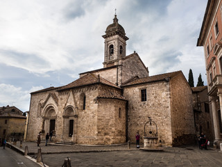 Fototapeta na wymiar Romanesque-Gothic church built in the 13th century in San Quirico d'orcia, Italy.