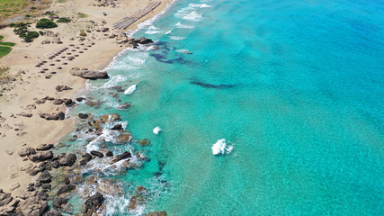 Aerial drone top view photo of famous paradise sandy deep turquoise beach of Falasarna in North West Crete island, Greece