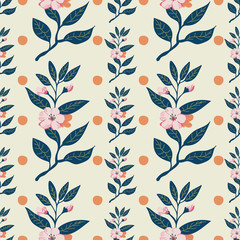 Pretty flower branch seamless pattern with polka dots on a light beige background. Vector. Light pink, orange and green color palette. Great for gift paper, textiles, fashion, home decor.