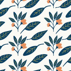 Pretty floral seamless pattern design with orange flowers and green leaves. Modern illustration with a vintage botanical feel. Great for textiles, fashion, wallpaper, product packaging and stationery.