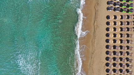 Aerial drone top view photo of famous paradise sandy deep turquoise beach of Falasarna in North West Crete island, Greece