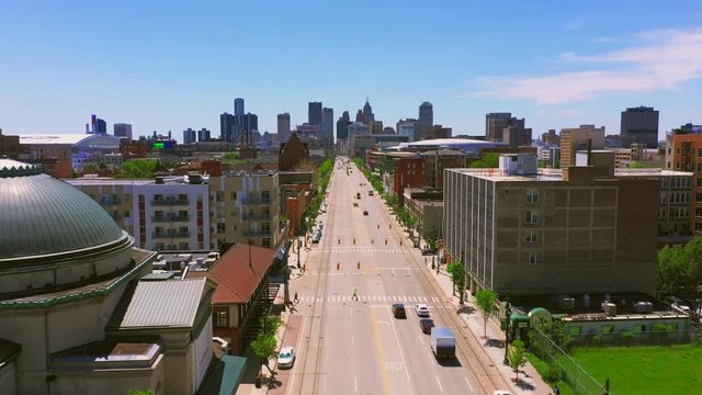 Woodward ave in Detroit Michigan aerial .