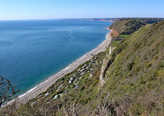 View of Branscombe beach on the cliff walk from Beer in Devon, England