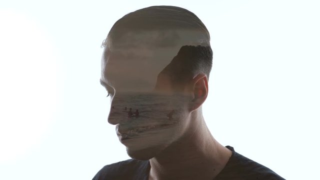 Double exposure of sad man and beautiful beach. Double exposition of man and sea waves