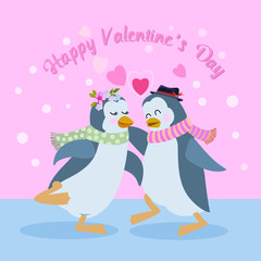 Cute and romantic couple penguin in love. Valentine's day greeting card.