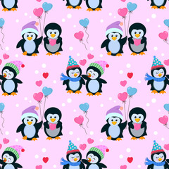 Cute couple penguin in love seamless pattern.