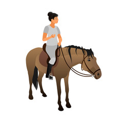 Girl riding a beige horse with a black mane. Horseback riding, a woman sits in the saddle with a bridle in her hands on a buckskin mare. Vector illustration on white background with flat cartoon style