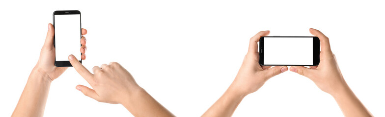 Set with men holding smartphones on white background, closeup of hands. Space for text