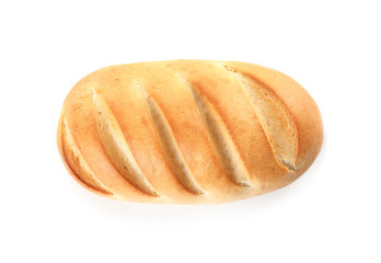 Loaf of fresh bread isolated on white, top view
