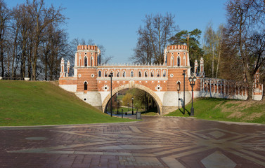 Brick bridge in the Tsaritsyno Museum, Moscow, Russia April 25, 2019