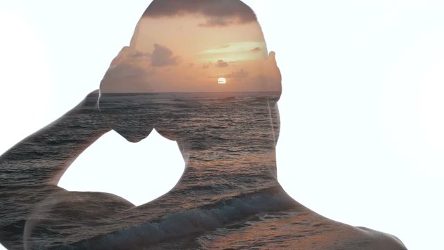 Double exposure of man and beautiful oceanic sunset. Double exposition of man and sea waves