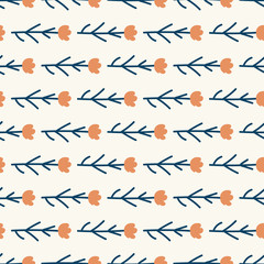 Pretty flower doodle seamless pattern with orange blossoms. Simple, quirky and cute floral, great for kids fashion, wallpaper, stationery items, textiles and home decor items. Repeat vector design.