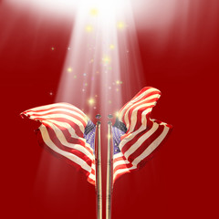 Conceptual image of waving American flags in a row over abstract lights