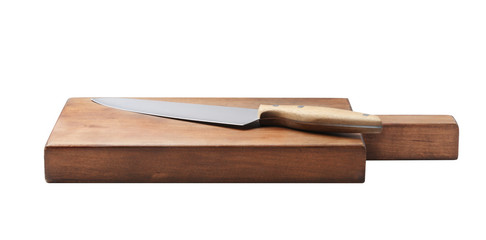 Stainless steel chef's knife with wooden handle on board against white background