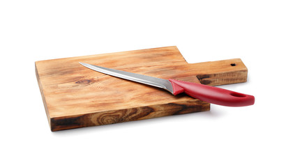 Stainless steel boning knife with plastic handle on board against white background