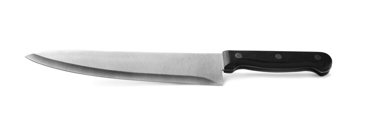Stainless steel chef's knife with plastic handle isolated on white