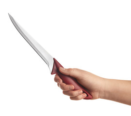 Woman holding boning knife on white background, closeup