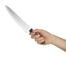 Man holding chef's knife on white background, closeup