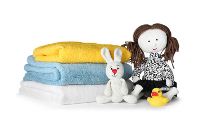 Set of baby accessories on white background