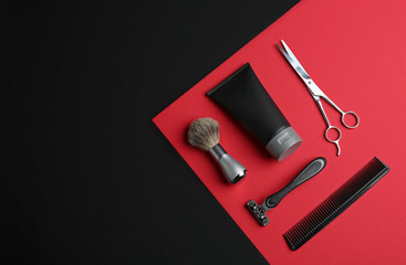 Set of barber's equipment and men's cosmetic product on color background, flat lay. Space for text