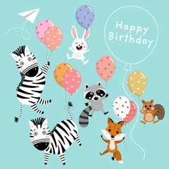 Happy birthday greeting card with cute animal and balloons, Zebra, rabbit, raccoon, squirrel and fox cartoon vector. Animal wildlife character set.