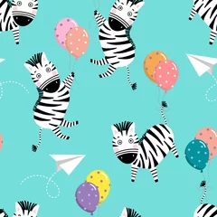 Gordijnen Schattig zebra en ballon naadloos patroon. Dierlijke dieren in het wild cartoon karakter vector. © Dusida