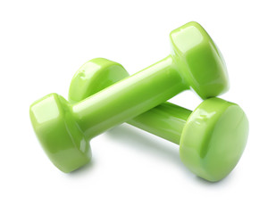 Color dumbbells on white background. Home fitness