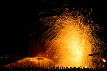 Molten steel in the high temperature melt splashing sparks