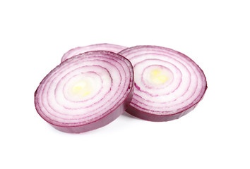 Fresh slices of red onion on white background