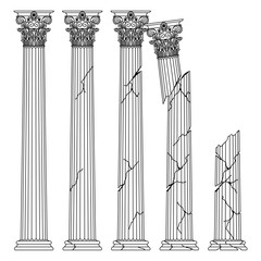 ruined historical Greek antique columns with capitals of the Korinvinsky warrant vector line illustration