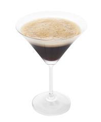 Glass of Espresso Martini on white background. Alcohol cocktail