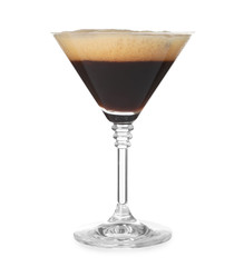 Glass of Espresso Martini on white background. Alcohol cocktail