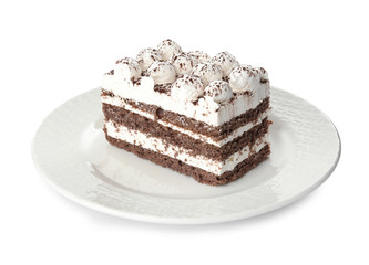 Plate of tiramisu cake isolated on white