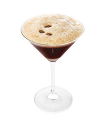 Glass of Espresso Martini with coffee beans on white background. Alcohol cocktail