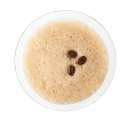 Glass of Espresso Martini with coffee beans on white background, top view. Alcohol cocktail