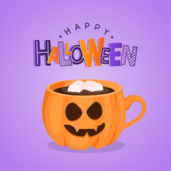Vector purple greeting card with pumpkin coffee cup. Happy Halloween