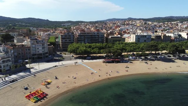 Aerial view in Sant Feliu de Guixols, coastal village of Costa Brava, Girona. Catalonia,Spain. 4k Drone Video