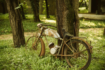 An old rusty bicycle in front of the house