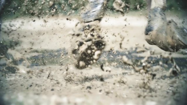Horse hooves splash the water in slow motion