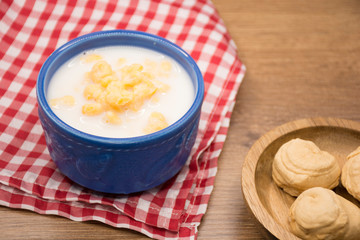 Mazamorra of corn and milk, traditional Colombian food.