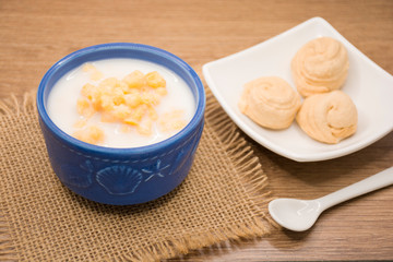 Mazamorra of corn and milk, traditional Colombian food.