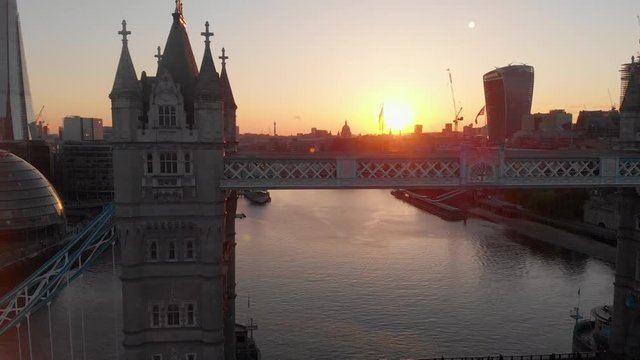 Aerial Hyperlapse Across Tower Bridge At Sunset, London