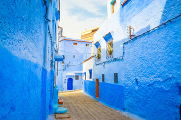 Beautiful street of blue medina in city Chefchaouen,  Morocco, Africa.