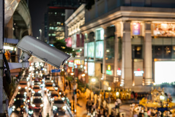 Surveillance Camera Overlooking Busy Intersection, Bangkok, Thailand