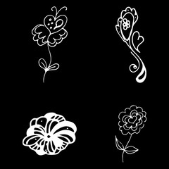 Flowers and hearts hand drawn doodle collection isolated on black background. 4 floral graphic elements. Big vector set. Outline collection