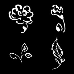 Flowers and branches hand drawn doodle collection isolated on black background. 4 floral graphic elements. Big vector set. Outline collection