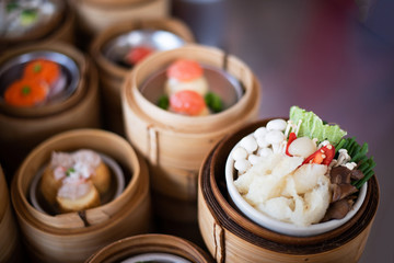 yumcha, dim sum in bamboo steamer, chinese cuisine