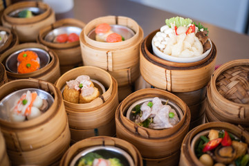 yumcha, dim sum in bamboo steamer, chinese cuisine